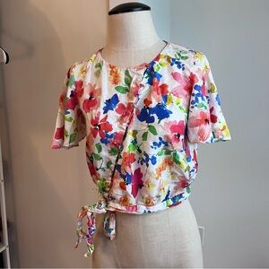 Zara Wrap Top Womens S Watercolor‎ Floral Short Flutter Sleeve Crop Summer